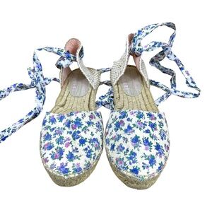 Love Shack Fancy Espadrille Flats Blue Floral Lace Up (37)